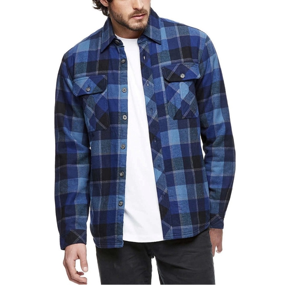 Boston traders blue and plaid button down fleece shirt